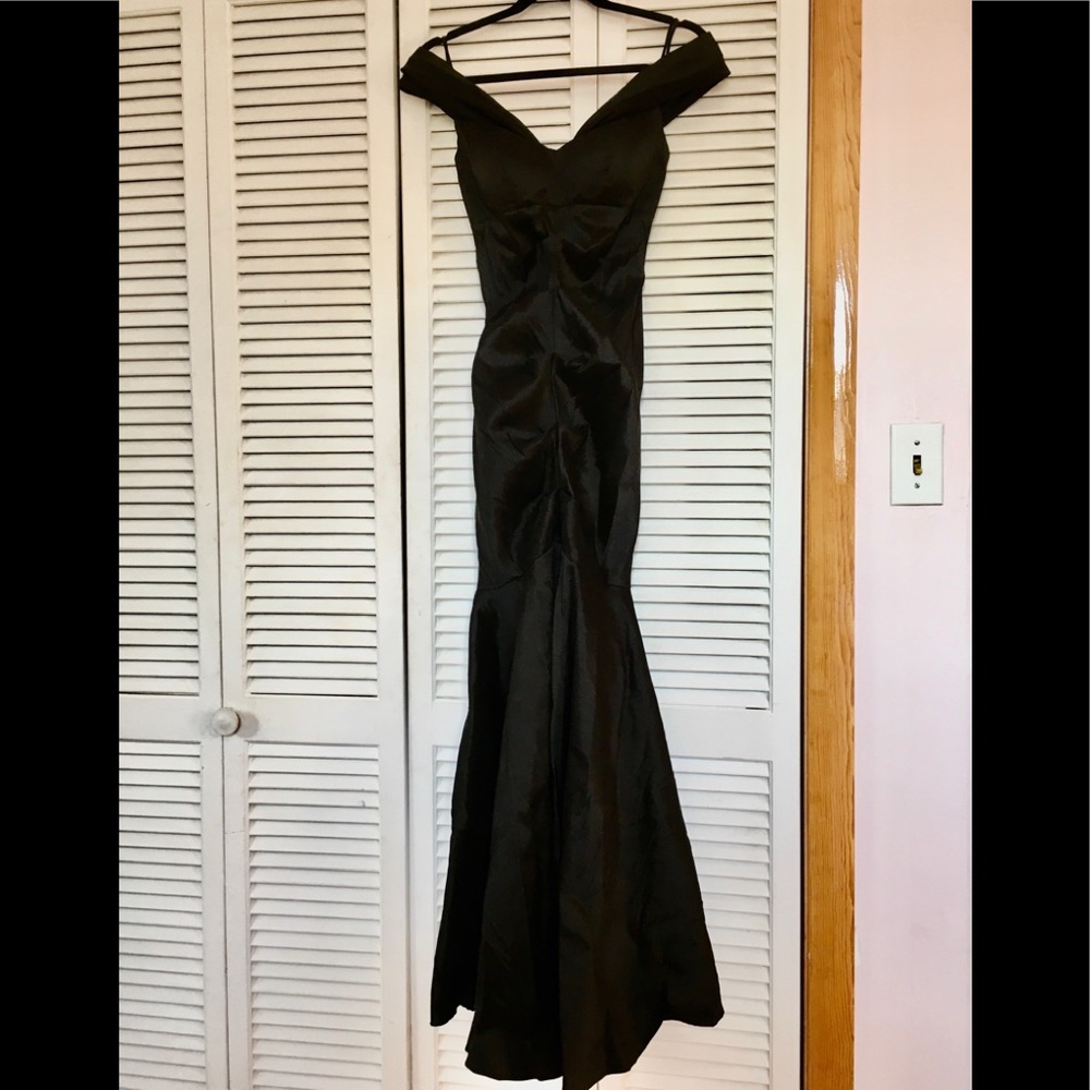 Xscape Black Off the Shoulder Gown Ruched w Slit